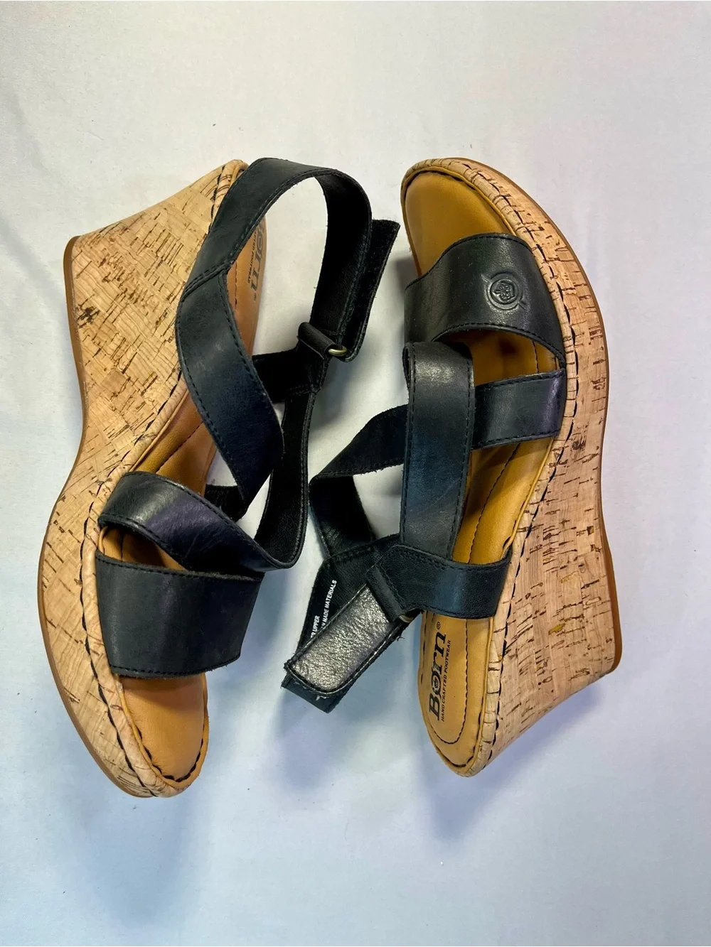 Børn Black Leather Cork Wedge Sandals Adjustable Straps Platform - 9